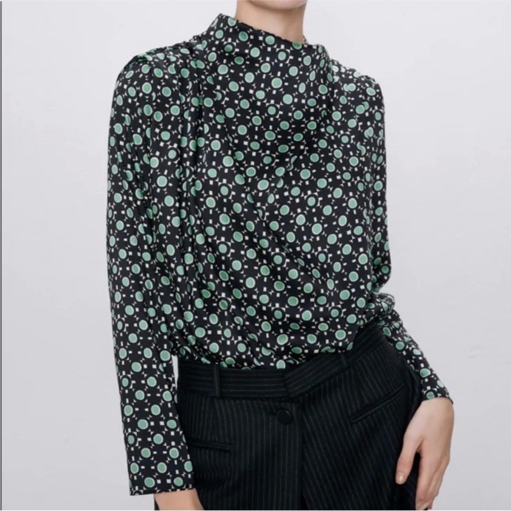 Zara High Neck Black Green Geometric Long Sleeve Satin Gathered Shoulder Blouse